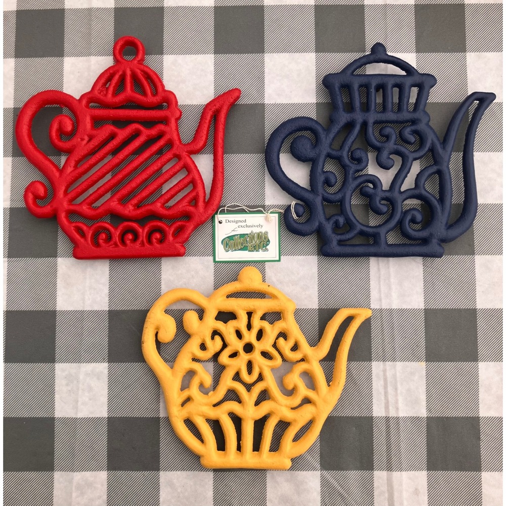 Collections Etc Teapot Trivets Unisex OS Red Blue Yellow Cast Iron Set of 3